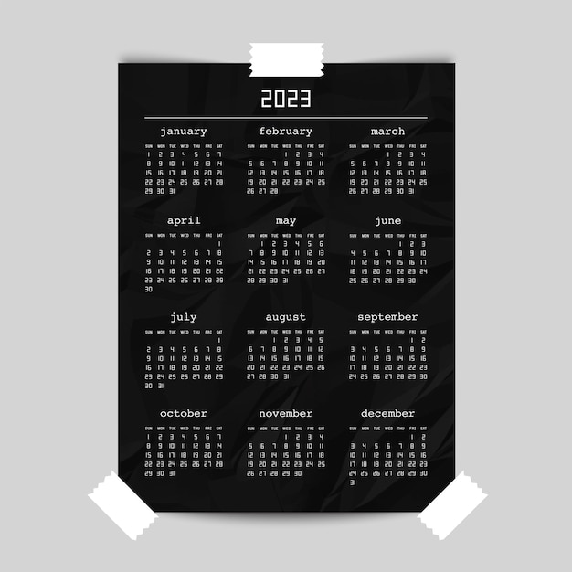 Calendar for 2023 year on black crumpled paper poster mockup. Week starts from Sunday. Vector illustration.