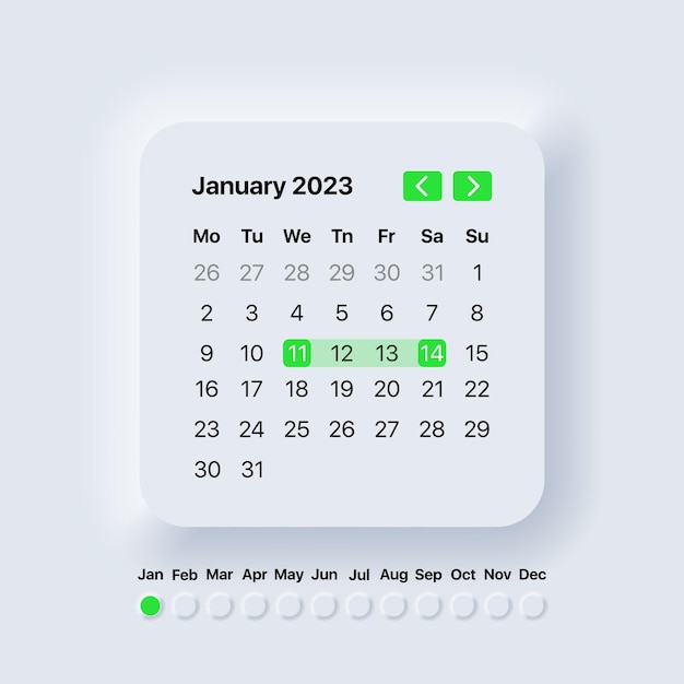 Calendar 2023 year January month Neomorphism style Planner template Vector illustration EPS 10