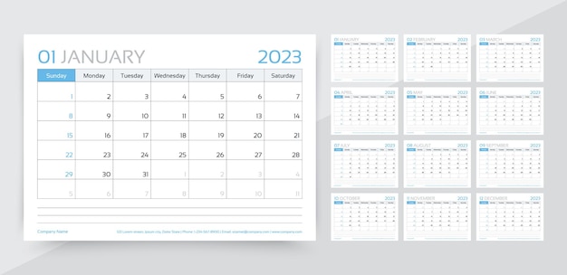 Calendar 2023 year Planner template Vector illustration Monthly diary layout