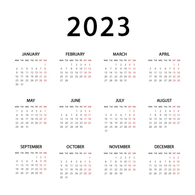 Calendar 2023 year. The week starts Monday. Annual Russian calendar 2023 template