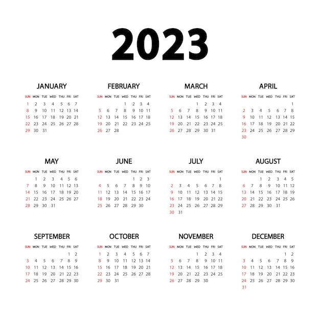 Calendar 2023 year. The week starts Sunday. Annual English calendar 2023 template. Stationery vertical template in simple, minimal design. Portrait orientation. Vector