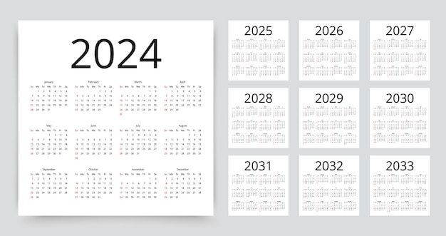 Calendar for 2024 2025 2026 2027 2028 2029 2030 2031 2032 2033 years Week starts Sunday Planner layout