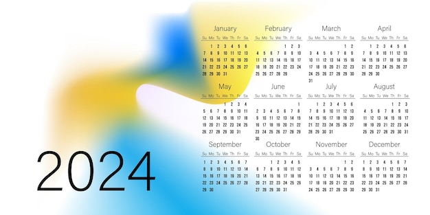 Calendar 2024 on abstract background light blue and yellow gradient color on white