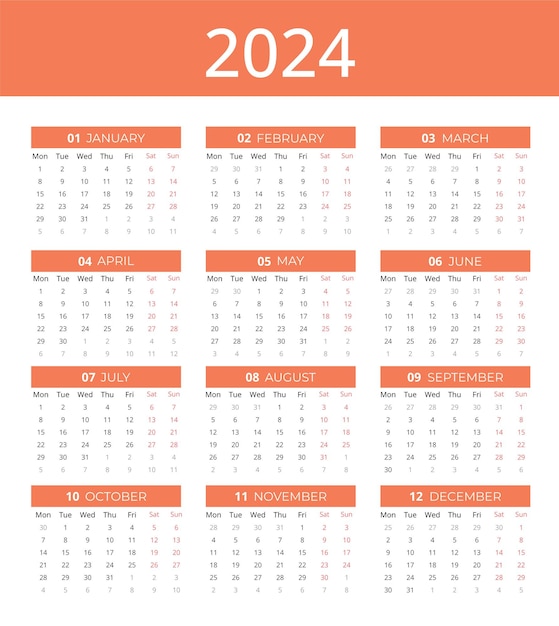 Calendar for 2024 Calendar 2024 week starting Monday Simple and professional Vector 2024 Calendar