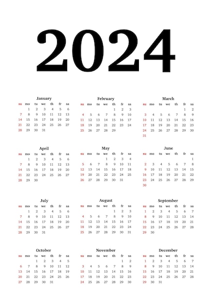 Calendar for 2024 isolated on a white background