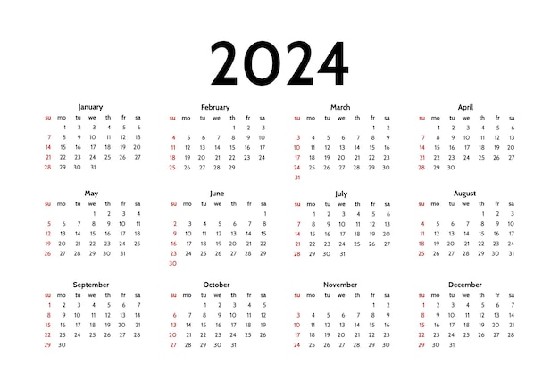 Calendar for 2024 isolated on a white background