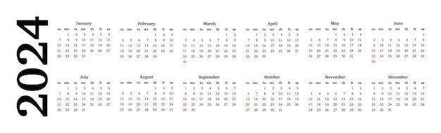 Calendar for 2024 isolated on a white background