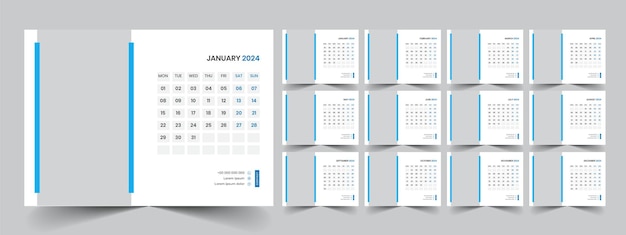 Calendar 2024 planner corporate template design set Week starts on Monday template for annual cale