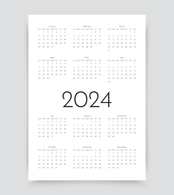 Calendar for 2024 year Calender template with 12 month Vector illustration