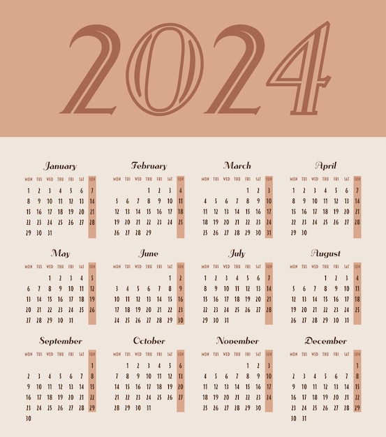 Vector calendar 2024 year week starts on monday design for planner printing stationery organizer