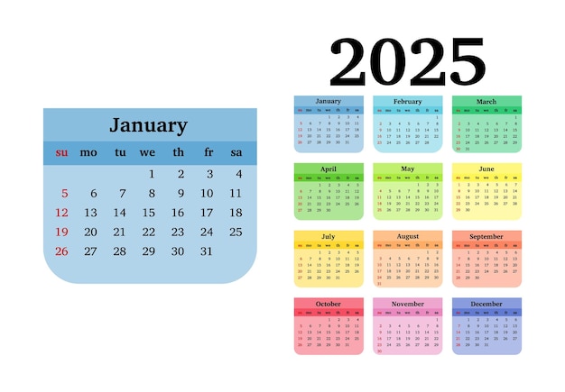 Calendar for 2025 isolated on a white background