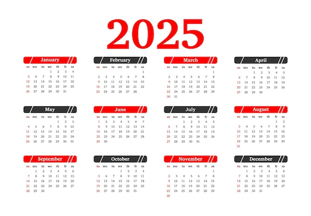 Vector calendar for 2025 isolated on a white background