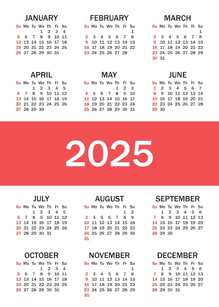 Calendar 2025 vector illustration The week starts on Sunday Annual calendar 2025 template