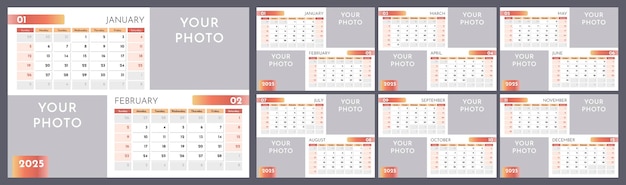 Calendar for 2025 Week starts on Sunday Set of 6 pages Vector design template with place for photo