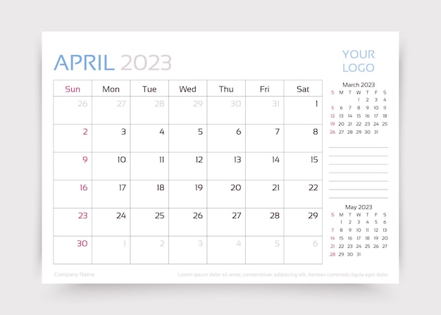 Calendar for April 2023 year Desk monthly planner template Vector illustration