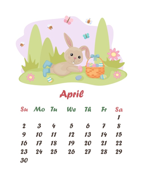 Calendar april a cute rabbit is lying with a basket of easter eggs calendar with cartoon rabbit vect