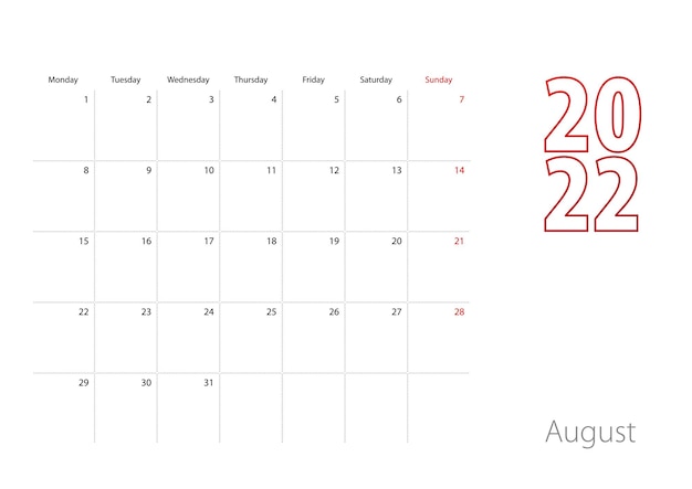 Calendar for August 2022 in modern design, planner template.