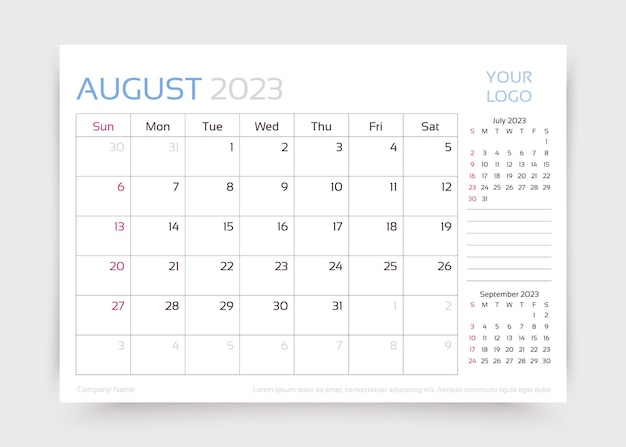 Calendar for August 2023 year Desk monthly planner template Vector illustration