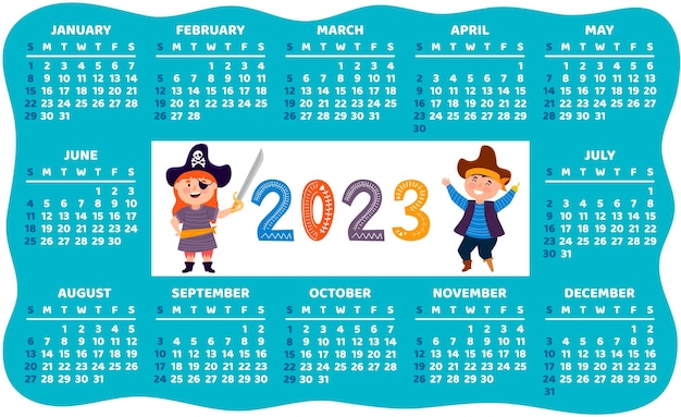 Calendar  childrens colorful calendar with a pirate design funny pirates