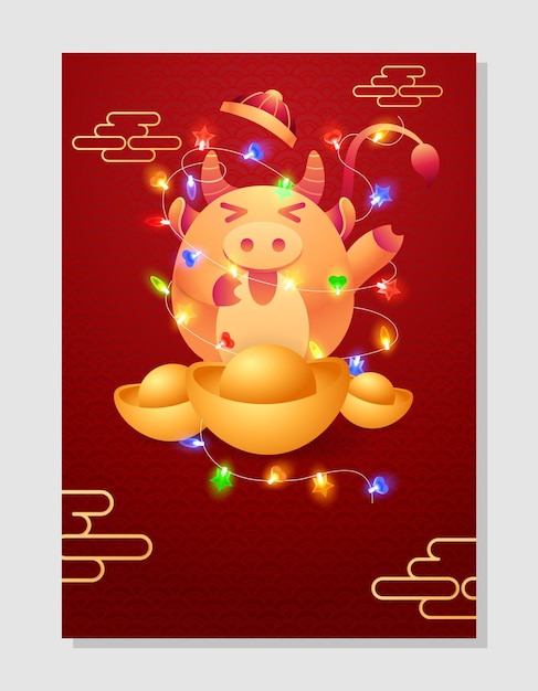 Calendar cover on A4 Ox or bull with colorful garland lights gold ingot and traditional Chinese hat