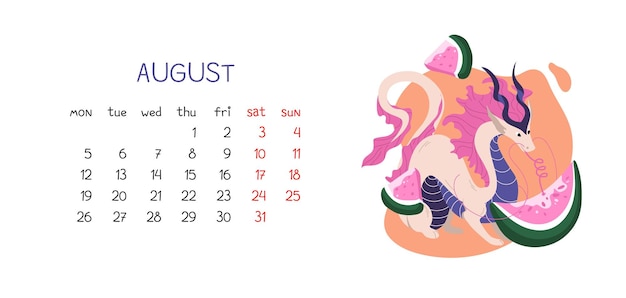 Calendar design with chinese dragon august with symbol of new year and slices of watermelon