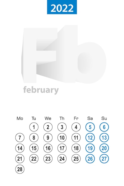 Calendar for February 2022, blue circle design. English language, week starts on Monday.