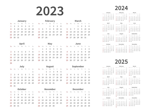 Calendar grid 2023 2024 2025 years graphic planning Simple minimal white design Date numbers Month diary page Vertical weeks organizer on Sunday to Sabbath Vector annual monthly planners set