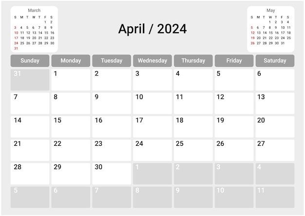 Calendar grid for April Modern monthly calendar with space for notes