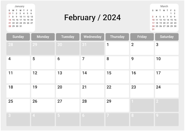 Vector calendar grid for february modern monthly calendar with space for notes