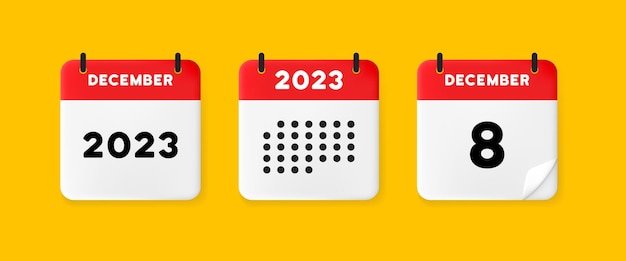 Calendar icon December 2023 8 day The concept of waiting for an important date Calendar with raised pages Red calendar isolated on yellow background 3d vector illustration