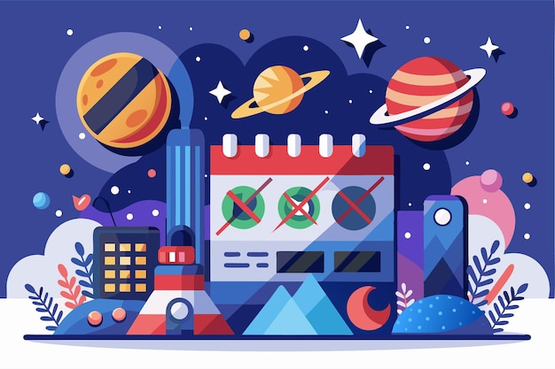 A calendar illustration with a red X marking a cancelled space exploration event surrounded by planets and stars Cancelled event Customizable Disproportionate Illustration