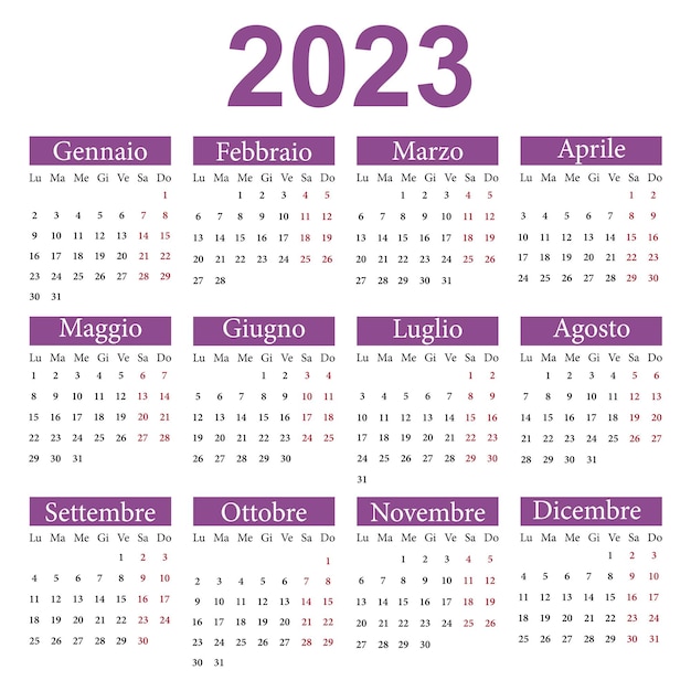 Calendar in Italian for 2023 The week starts from Monday Vector illustration