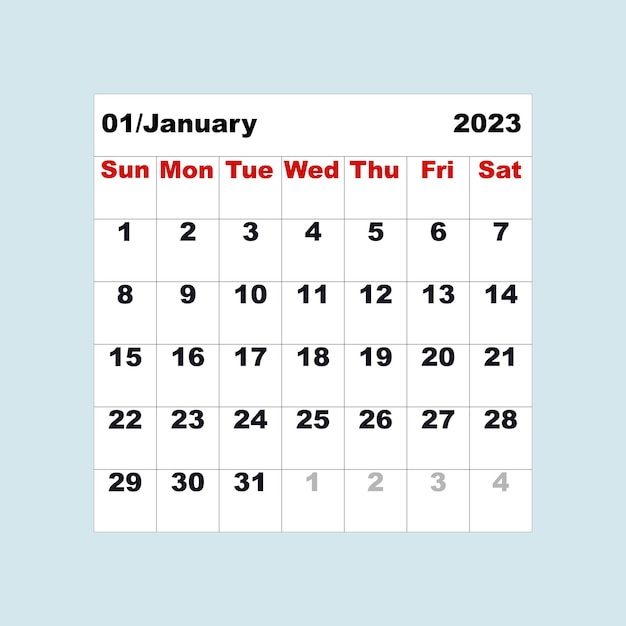 Calendar for January 2023 in the form of a table Vector illustration