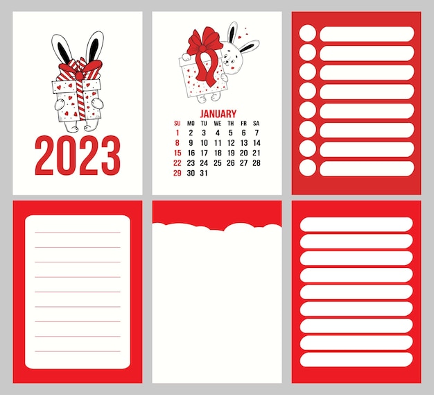 Calendar January 2023 with cute rabbit with gift and planner pages notes to do list Week from Sunday