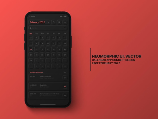 Calendar Mobile App February 2022 Conceptual UI Neumorphic Design Dark Version