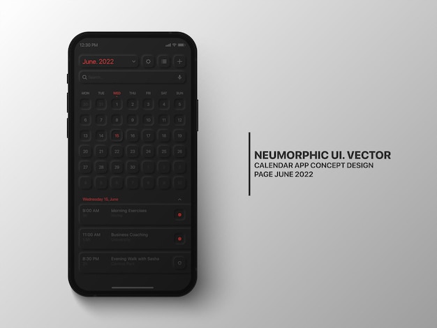 Calendar Mobile App June 2022 With Task Manager UI Neumorphic Design Dark Version