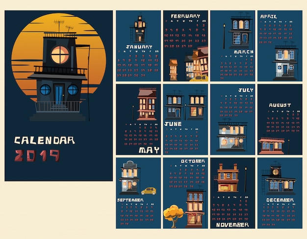 Calendar New Years 2019 spooky building vector illustration 