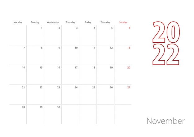 Calendar for November 2022 in modern design, planner template.