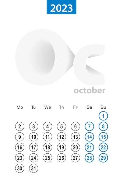 Calendar for October 2023 blue circle design English language week starts on Monday