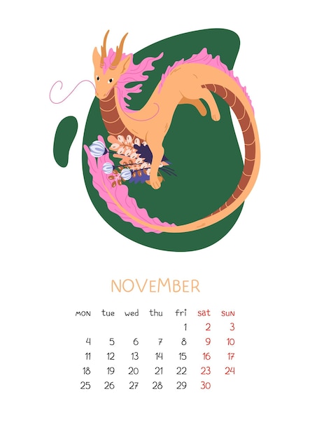 Calendar of october with chinese dragon and autumn bouquet of leaves new year golden dragon