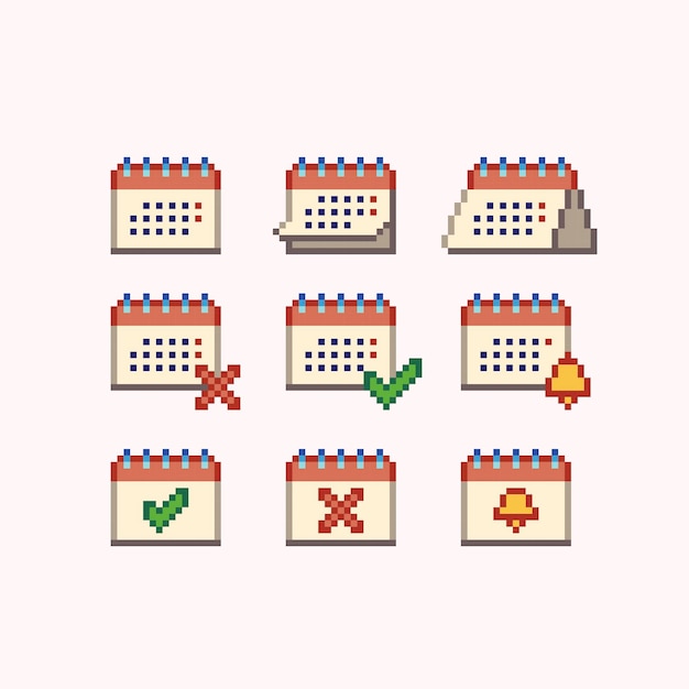 Calendar, organizer pixel art set. Month, date planner symbols collection. UI symbols. 8 bit sprite.