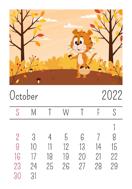 Calendar page for 2022, October. Cute cartoon tiger collects mushrooms in the forest.