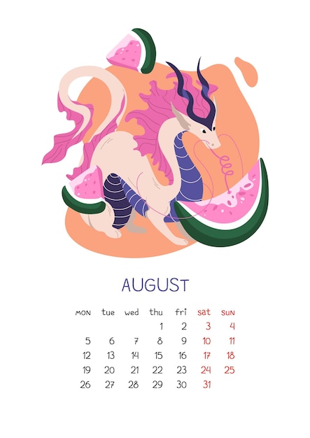 Calendar page design with chinese dragon and slices of watermelon vector illustration isolated