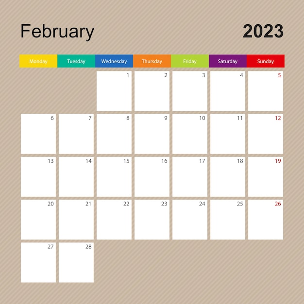 Calendar page for February 2023 wall planner with colorful design Week starts on Monday