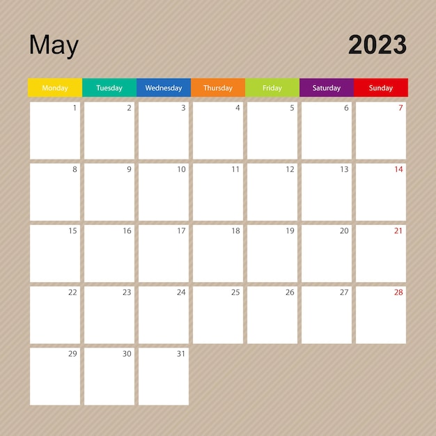 Calendar page for May 2023 wall planner with colorful design Week starts on Monday