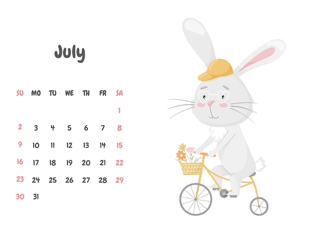 Calendar page for the month of July 2023 with a cute smiling rabbit riding a bicycle with a basket of flowers Adorable animal a character in pastel colors Vector illustration on a white background