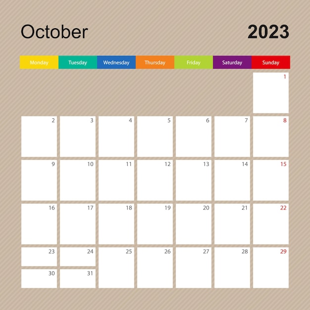 Calendar page for October 2023 wall planner with colorful design Week starts on Monday