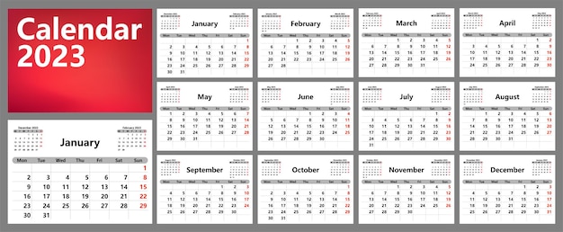 Calendar planner for 2023 The week starts on Monday Vector illustration