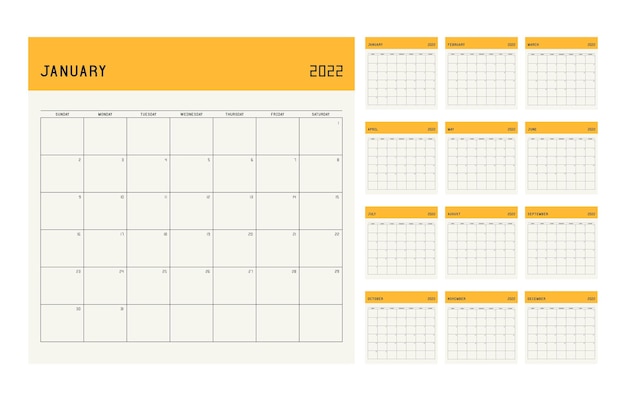 Calendar planner template for 2022 year. Week starts on Sunday with notes.