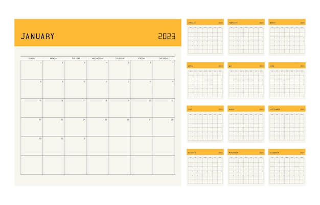 Calendar planner template for 2023 year. Week starts on Sunday with notes.